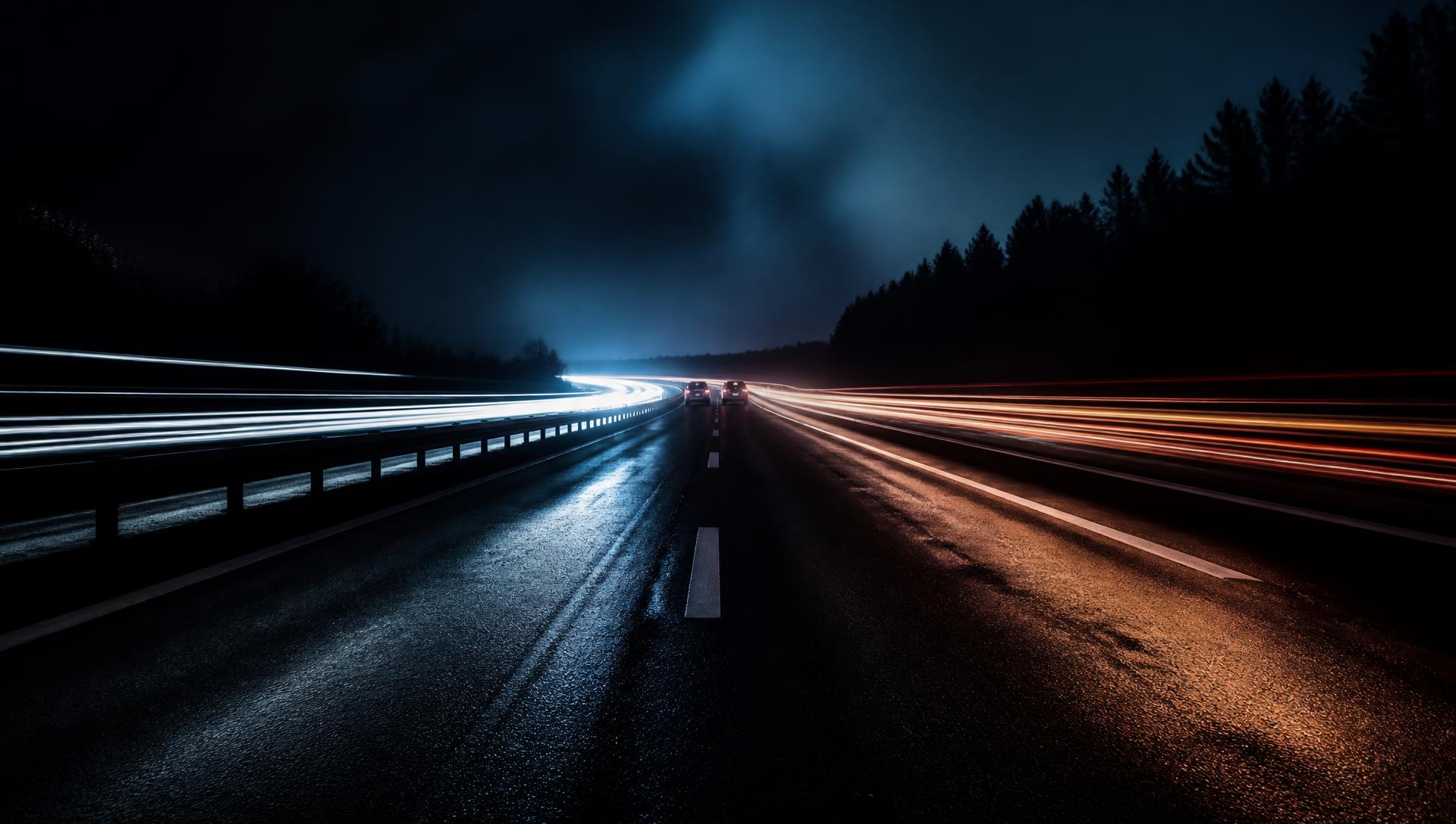 German autobahn at night with amber and white light trails on wet asphalt